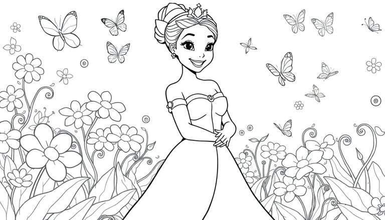 Placa de color de la Princesa Tiana sonriendo, rodeada de mariposas y flores.
