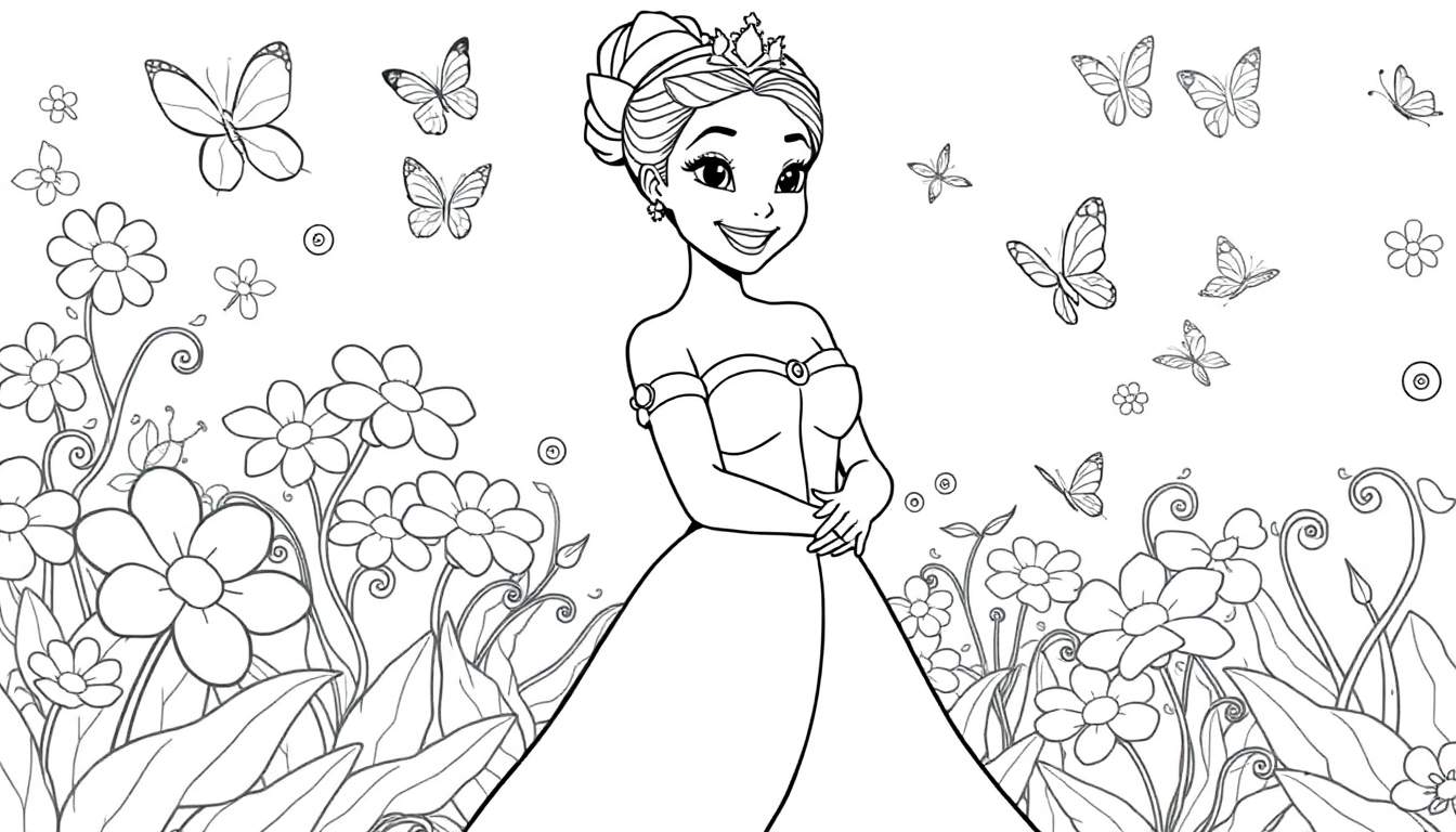 Placa de color de la Princesa Tiana sonriendo, rodeada de mariposas y flores.