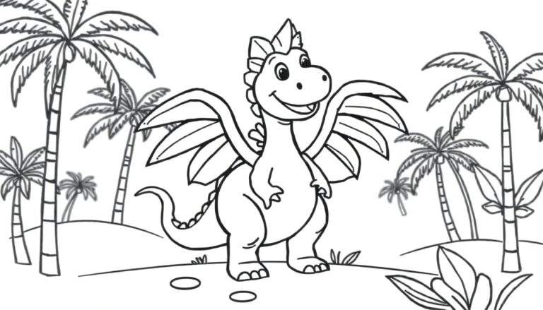 Placa de color: Dragón de dibujos animados con alas extendidas en un entorno tropical.