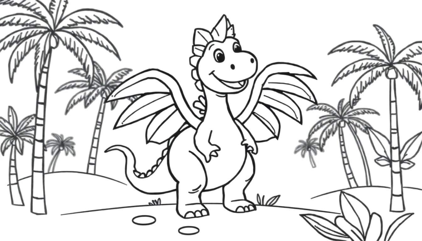 Placa de color: Dragón de dibujos animados con alas extendidas en un entorno tropical.