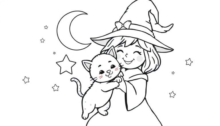 Una placa de color de una joven bruja sonriente abrazando a un lindo gatito negro, con una luna creciente y estrellas.