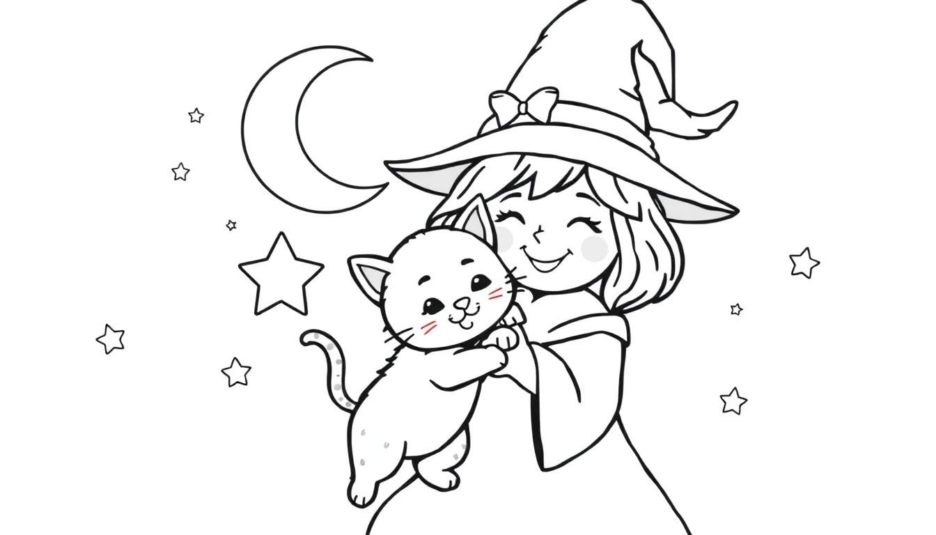 Una placa de color de una joven bruja sonriente abrazando a un lindo gatito negro, con una luna creciente y estrellas.