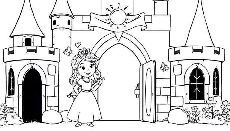 Placa de color de una princesa amigable saludando frente a un castillo de cuento de hadas.