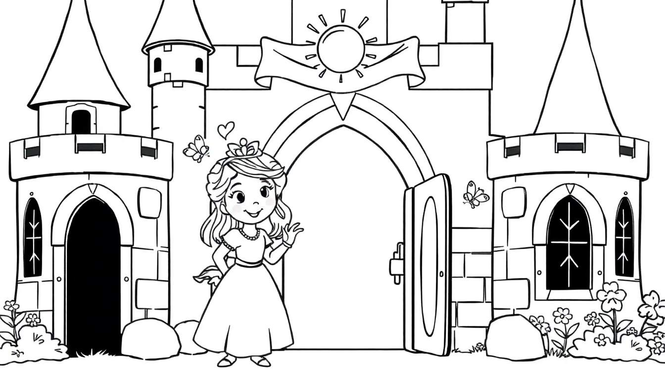 Placa de color de una princesa amigable saludando frente a un castillo de cuento de hadas.