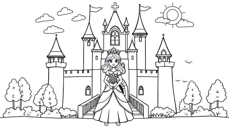 Una princesa mágica con su castillo de cuento de hadas para colorear en blanco y negro, una placa de color lista para ser pintada.