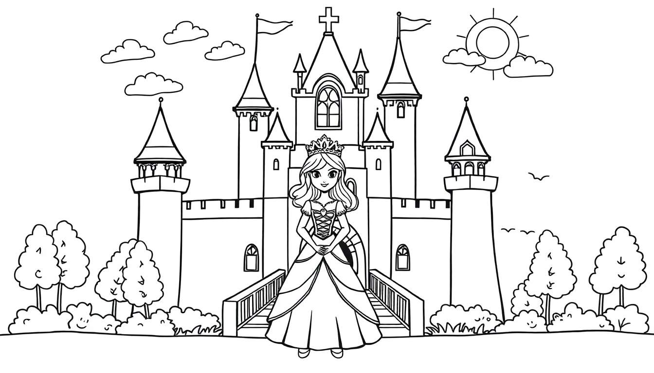 Una princesa mágica con su castillo de cuento de hadas para colorear en blanco y negro, una placa de color lista para ser pintada.