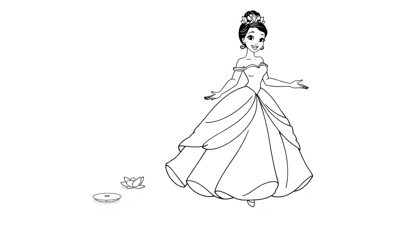 Placa de color de la Princesa Tiana con su vestido de gala y una flor de lirio.