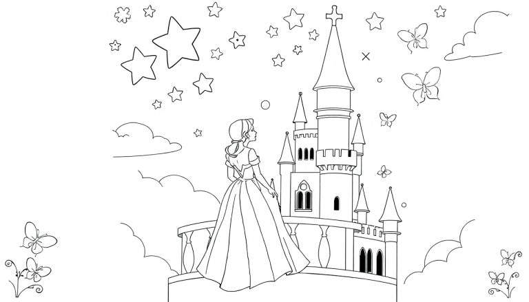 Placa de color de una princesa soñadora junto a un castillo con estrellas.