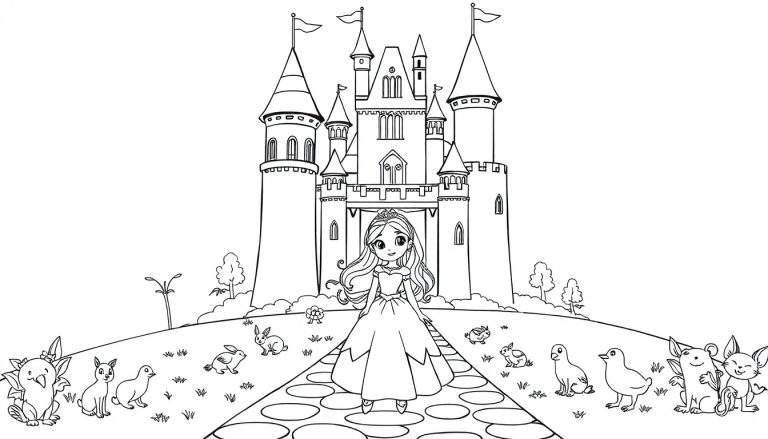 Placa de color de una princesa de cuento de hadas frente a un castillo con animales en las colinas.