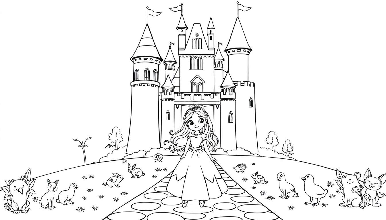 Placa de color de una princesa de cuento de hadas frente a un castillo con animales en las colinas.