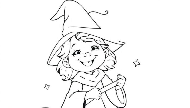 Una linda brujita sonriente, lista para colorear, con un sombrero puntiagudo y una varita mágica.