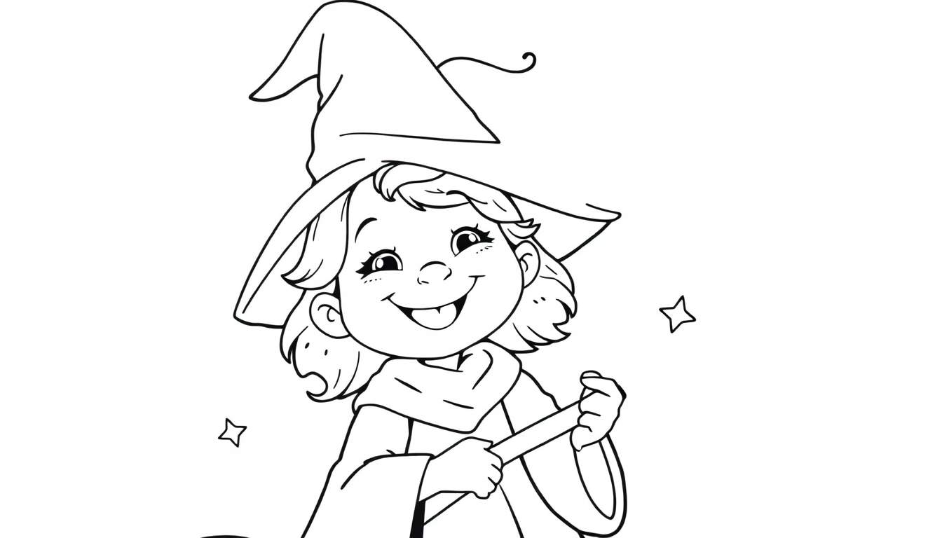 Una linda brujita sonriente, lista para colorear, con un sombrero puntiagudo y una varita mágica.
