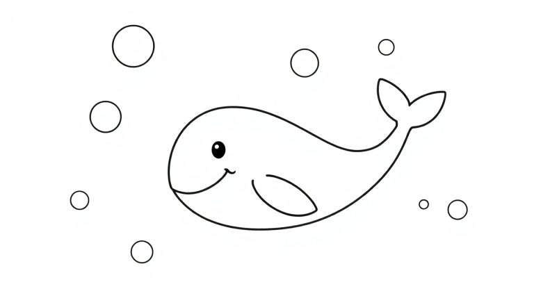 Placa de color: una ballena amigable sonriendo nadando entre burbujas.