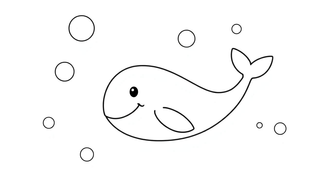 Placa de color: una ballena amigable sonriendo nadando entre burbujas.
