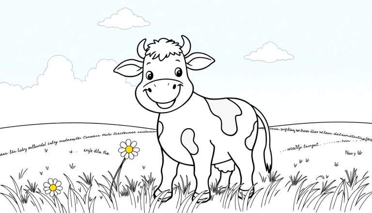 Una vaca feliz y manchada lista para colorear en un campo con flores.