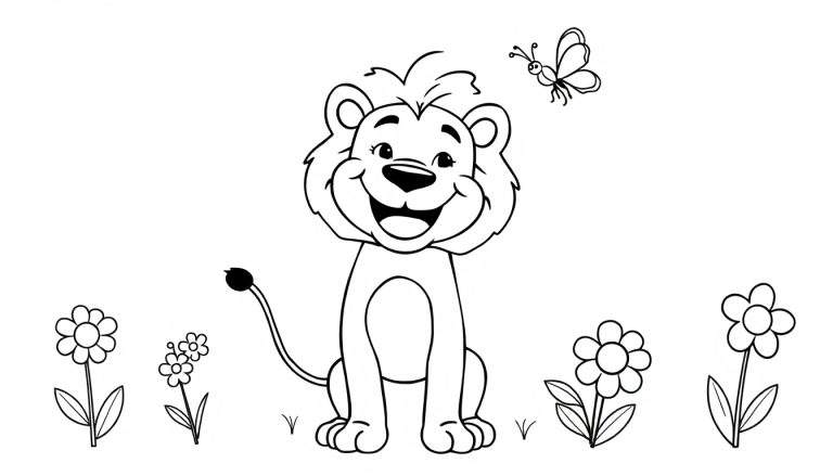 Placa de color de un león de dibujos animados sonriente sentado en un campo de flores con una mariposa volando, listo para ser coloreado.