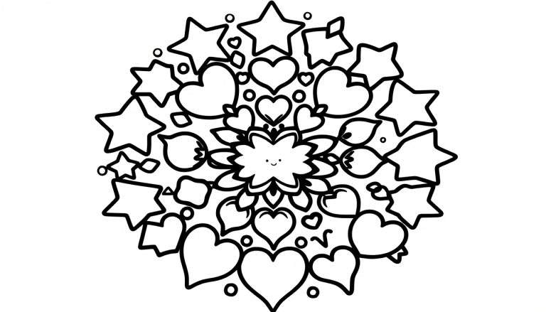 Una placa de color con un mandala sencillo y divertido para colorear, lleno de estrellas y corazones.