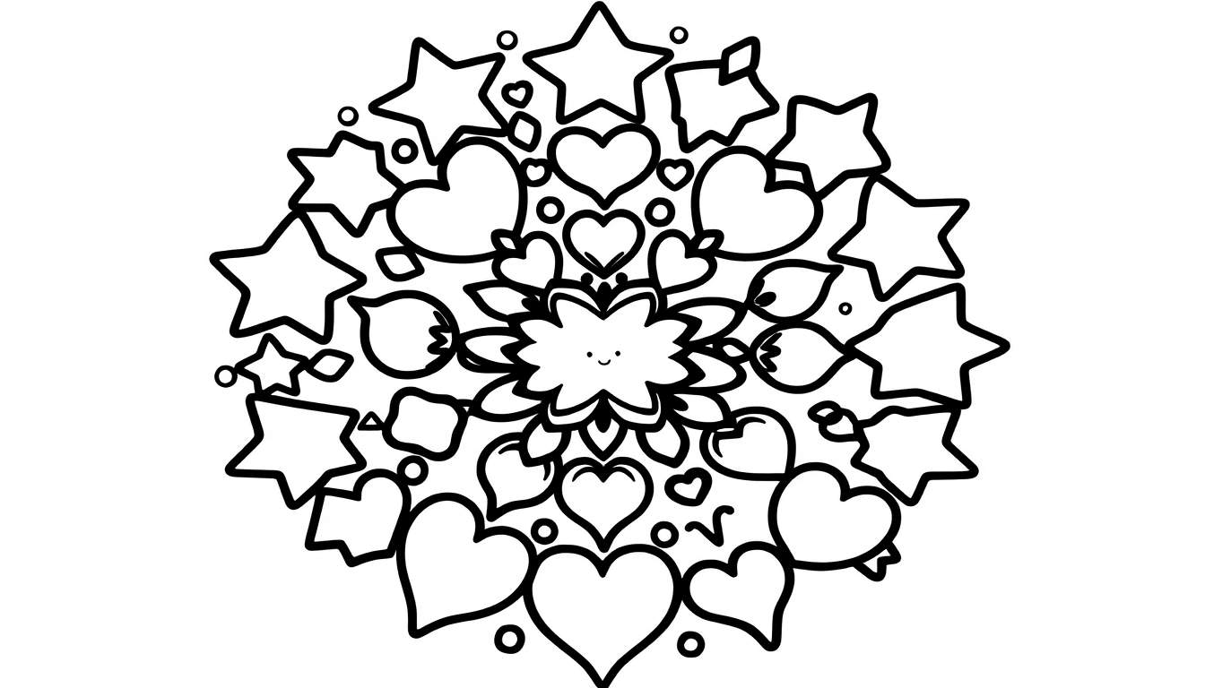 Una placa de color con un mandala sencillo y divertido para colorear, lleno de estrellas y corazones.