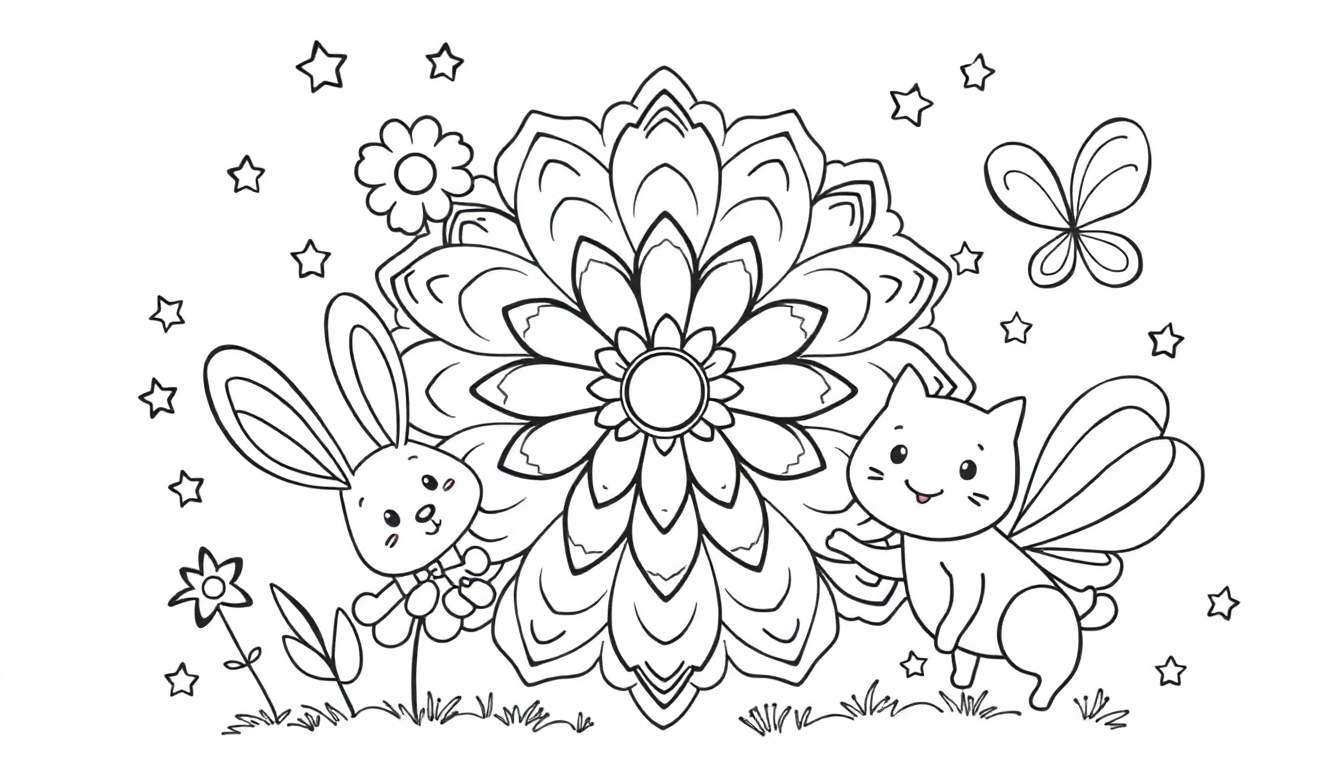 Placa de color con un mandala floral central, un conejito, un gatito alado y estrellas.