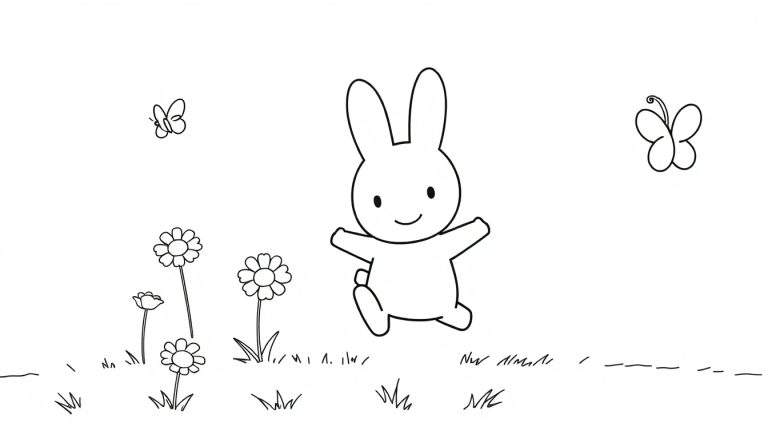 Una placa de color de Miffy, la conejita, corriendo feliz en un prado.