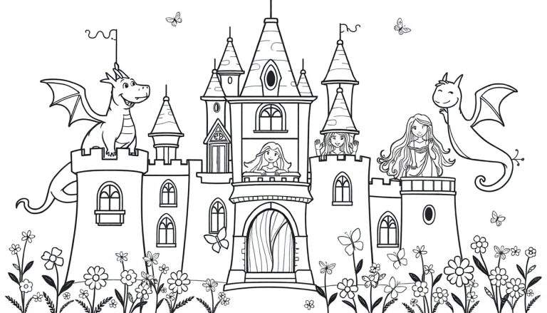 Placa de color de un castillo de cuento de hadas con princesas y dragones.