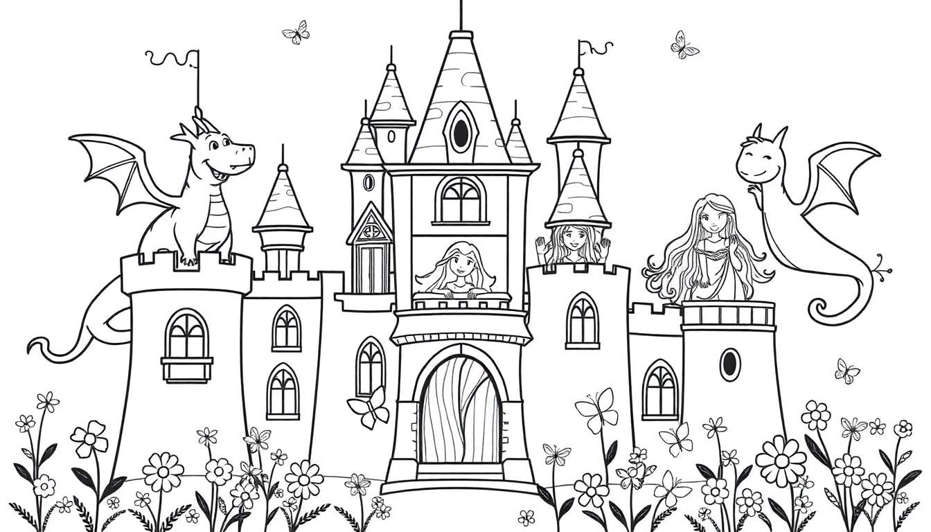 Placa de color de un castillo de cuento de hadas con princesas y dragones.