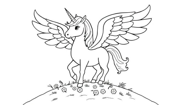 Placa de color de un unicornio alado con cuerno en espiral y alas desplegadas, sobre una colina florida.