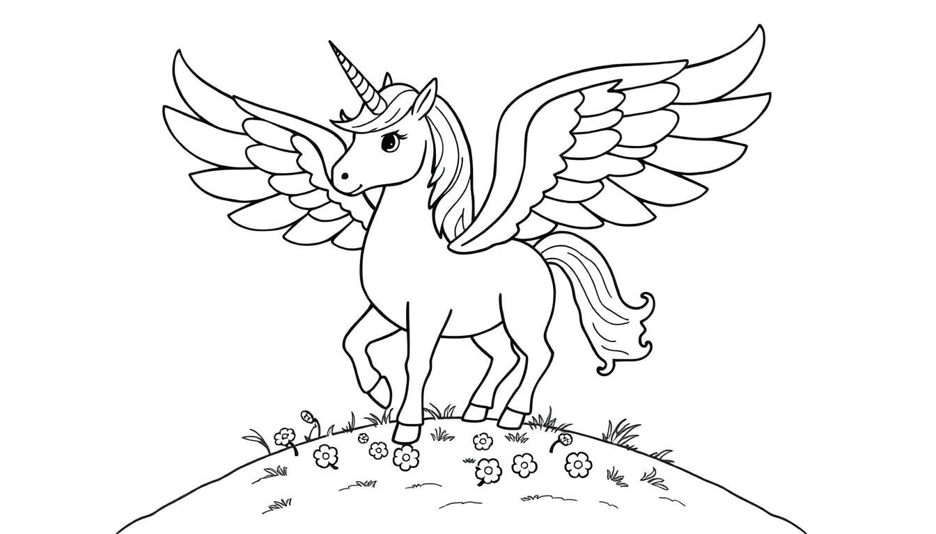 Placa de color de un unicornio alado con cuerno en espiral y alas desplegadas, sobre una colina florida.