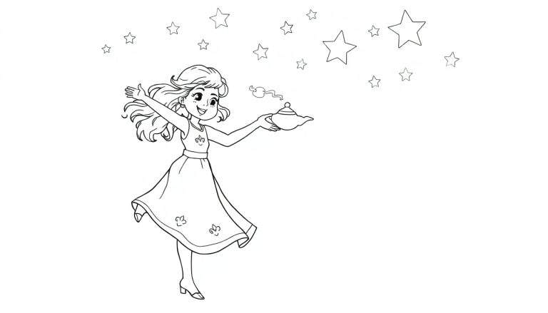Placa de color: Jazmín saludando con una lámpara mágica bajo estrellas.