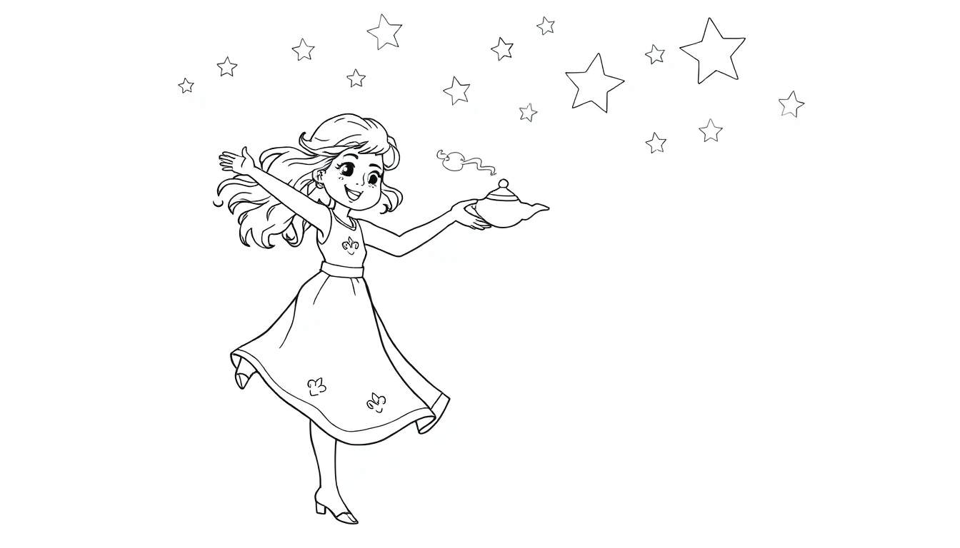 Placa de color: Jazmín saludando con una lámpara mágica bajo estrellas.