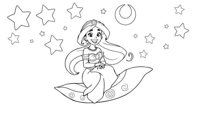 Placa de color: Niña sonriente vestida de princesa, volando felizmente en una alfombra mágica rodeada de estrellas brillantes y una luna creciente.