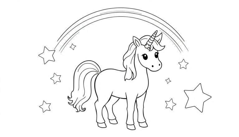 Placa de color para colorear: un unicornio mágico de dibujos animados con una melena ondeante y cola rizada, un cuerno en espiral, rodeado de un arcoíris y estrellas.