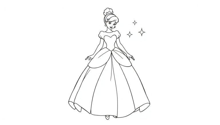 Placa de color de Cenicienta con su vestido de baile y estrellas mágicas.
