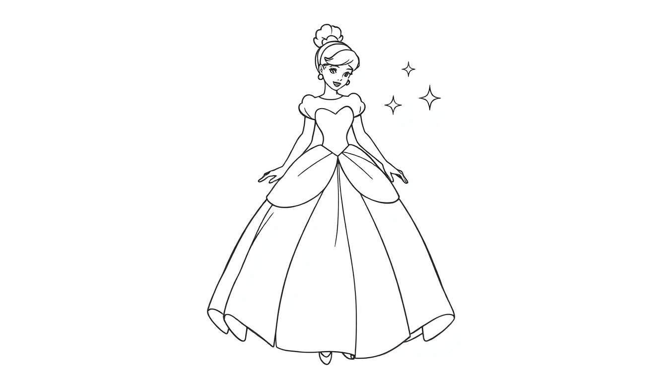 Placa de color de Cenicienta con su vestido de baile y estrellas mágicas.