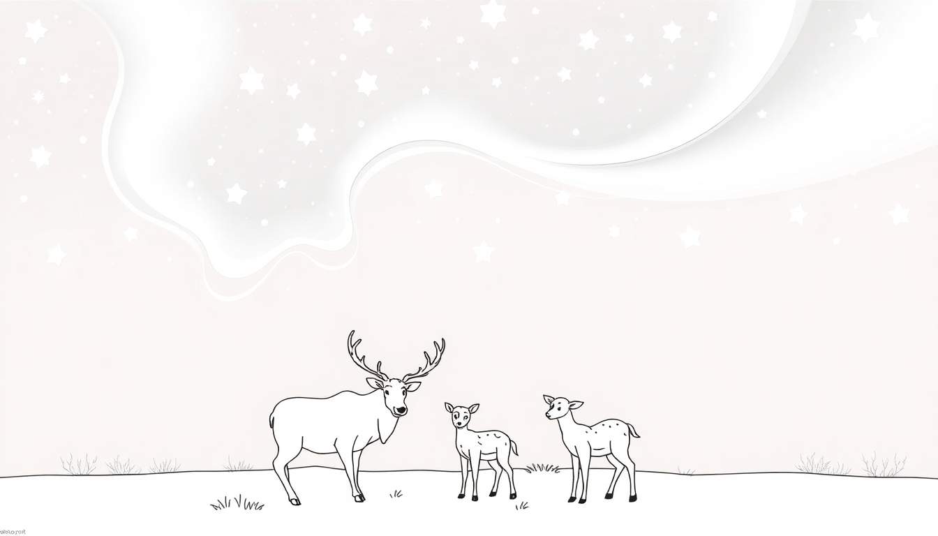 Placa de color con una familia de renos bajo la aurora boreal.