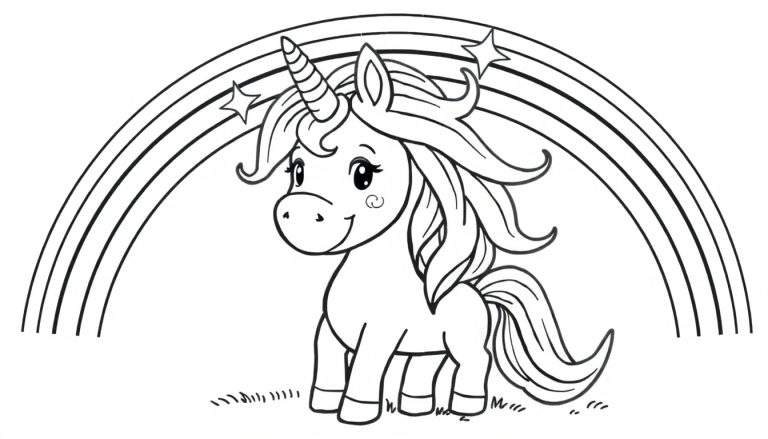 Placa de color de un unicornio sonriente bajo un arcoíris salpicado de estrellas.