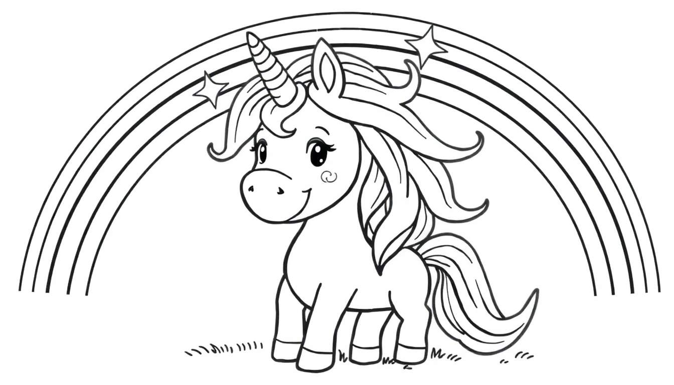 Placa de color de un unicornio sonriente bajo un arcoíris salpicado de estrellas.