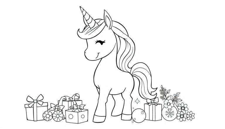 Placa de color de un unicornio adorable rodeado de regalos y flores.