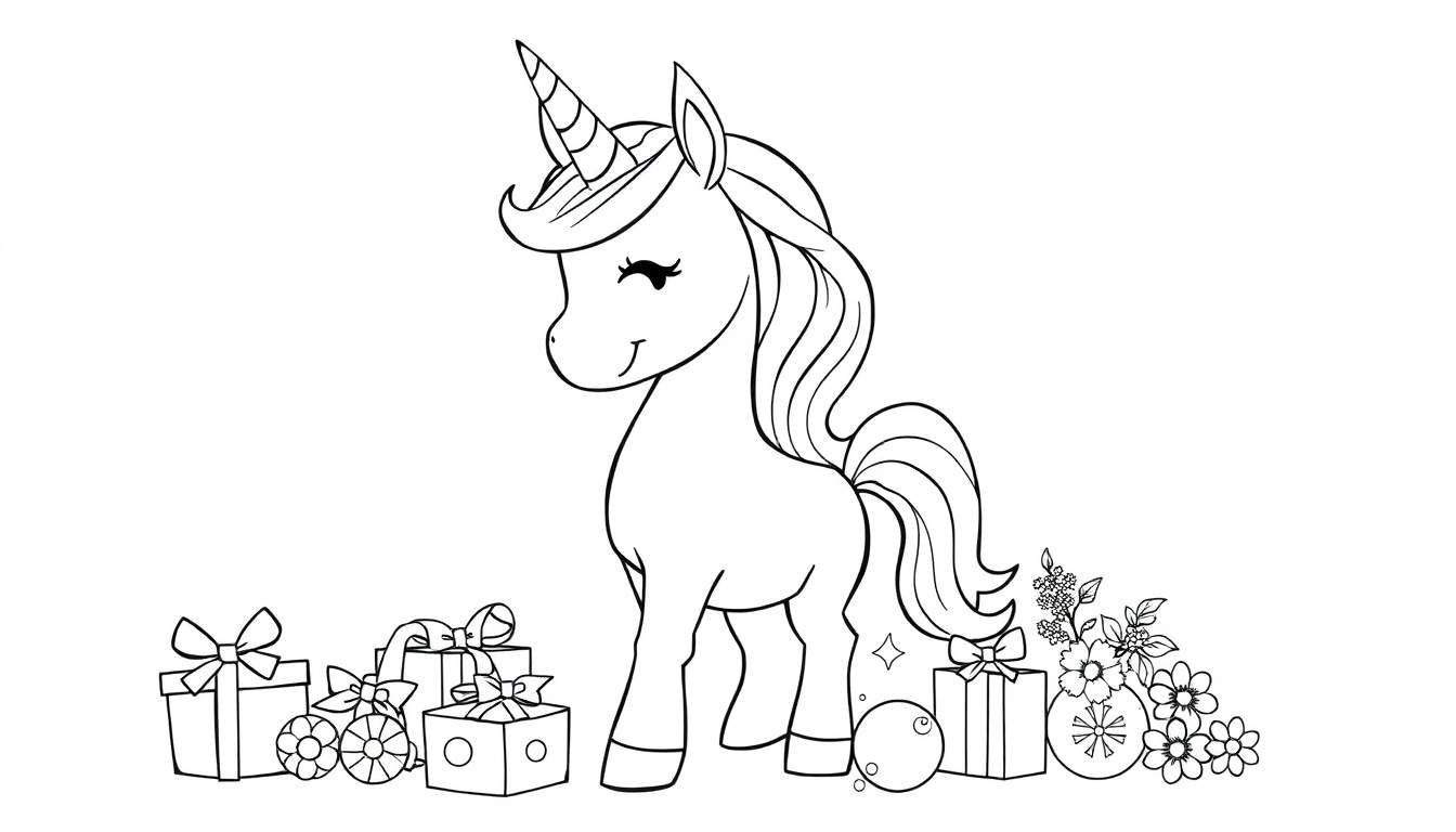 Placa de color de un unicornio adorable rodeado de regalos y flores.
