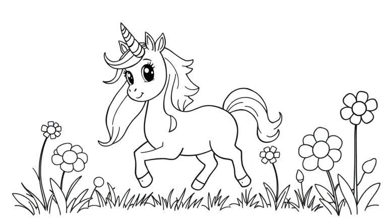 Placa de color de un unicornio mágico rodeado de flores.