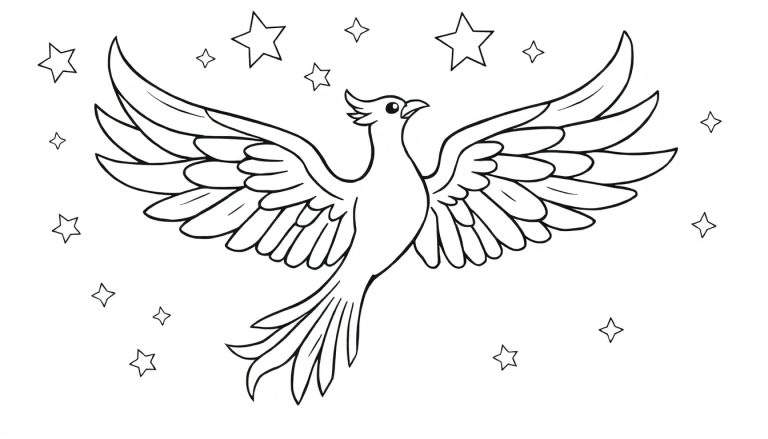 Placa de color de un fénix majestuoso en pleno vuelo con las alas extendidas rodeado de estrellas.