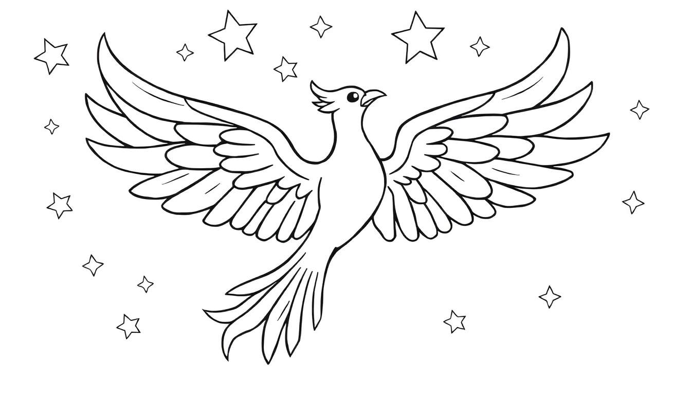 Placa de color de un fénix majestuoso en pleno vuelo con las alas extendidas rodeado de estrellas.