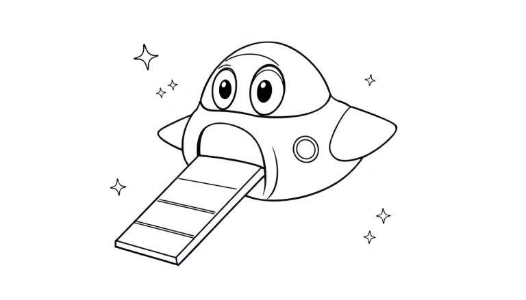 Placa de color de una nave espacial de dibujos animados con una rampa extendida.