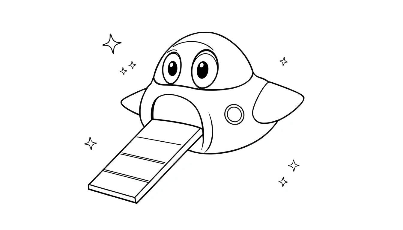 Placa de color de una nave espacial de dibujos animados con una rampa extendida.