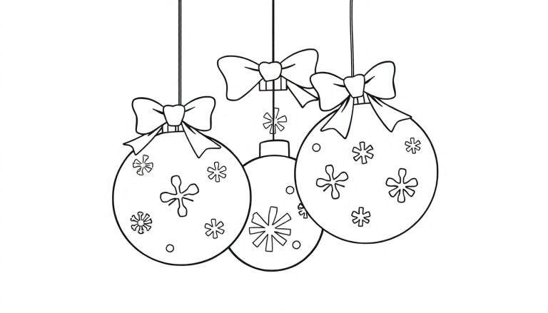 Adorables bolas de Navidad para colorear, con lazos y copos de nieve, listas para añadir color festivo a esta placa de color.