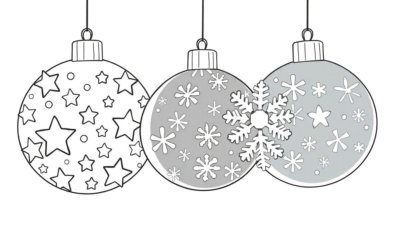 Página para colorear de Navidad: adornos navideños redondos con estrellas y copos de nieve, listos para colorear.