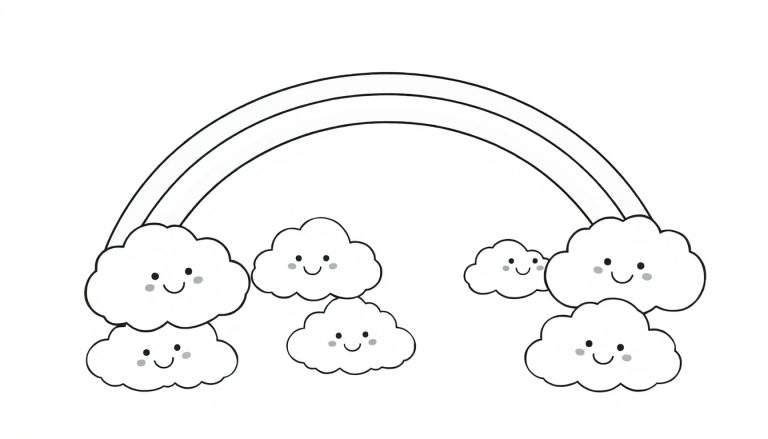 Una placa de color en blanco y negro con nubes esponjosas y un arcoíris amigable.