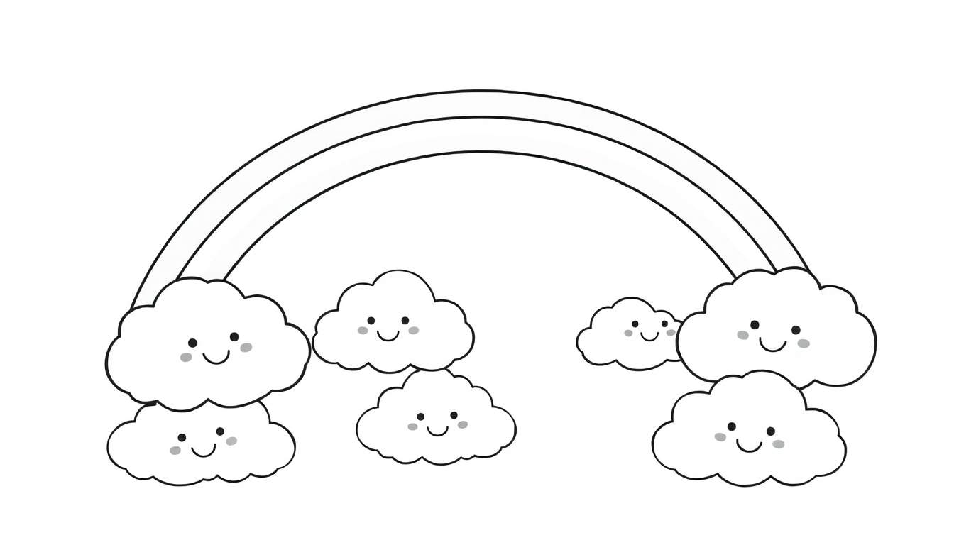 Una placa de color en blanco y negro con nubes esponjosas y un arcoíris amigable.