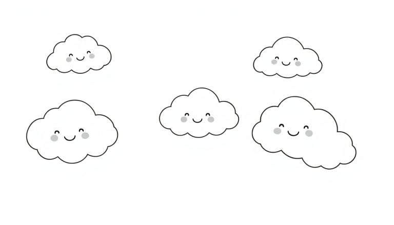 Cinco nubes blancas de dibujos animados con caras sonrientes, listas para colorear en una placa de color.