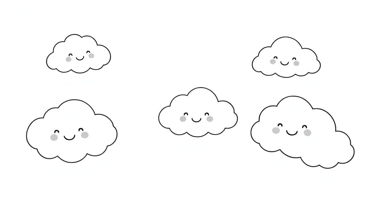 Cinco nubes blancas de dibujos animados con caras sonrientes, listas para colorear en una placa de color.